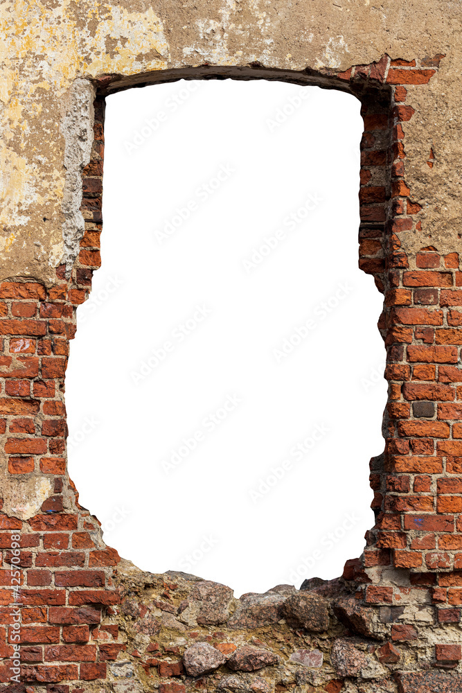 Poster old red brick wall with a hole in the middle. isolated on white background.