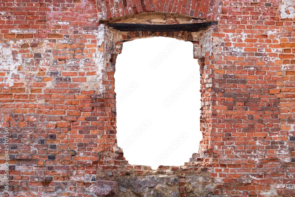 Poster red brick wall with a hole in the middle. isolated on white background. grunge frame. horizontal fra