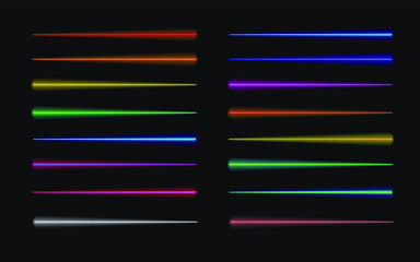 Vector Motion Lights, Abstract Glow in the Dark Lines, Rainbow Colors, Isolated on Black Background Set, Dynamic Lights.
