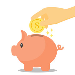 Hand dropping dollar coin into piggy bank cartoon vector. concept of saving money