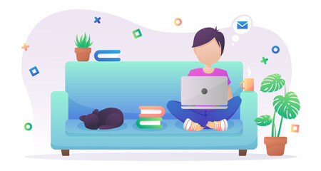 Boy with black hair sitting in blue sofa with laptop, notebook and books, plants in a pots and cup of coffee, tea, and black cat. Vector illustration isolated on white background.