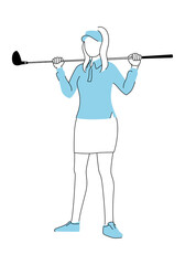 スポーツのゴルフのイラスト。ゴルフクラブを持ってストレッチをしてる女性。