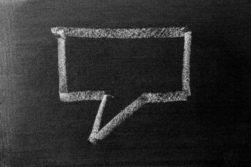 White color chalk hand drawing in square bubble speech shape with blank space on blackboard or chalkboard background