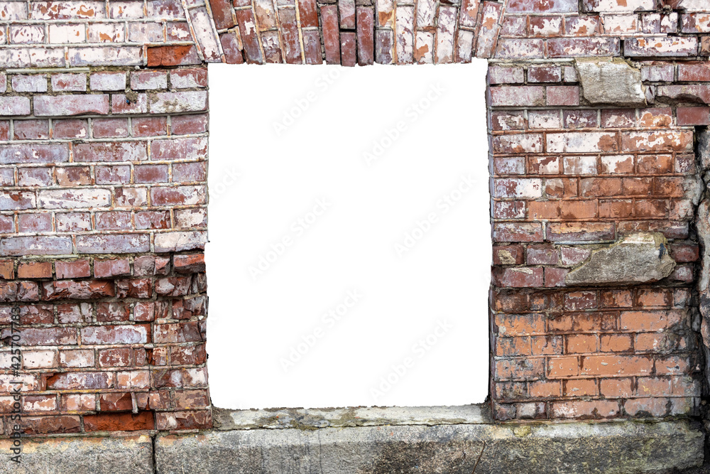 Poster destroyed wall of old bricks with a hole in the middle. isolated on white background. grunge frame. horizontal frame