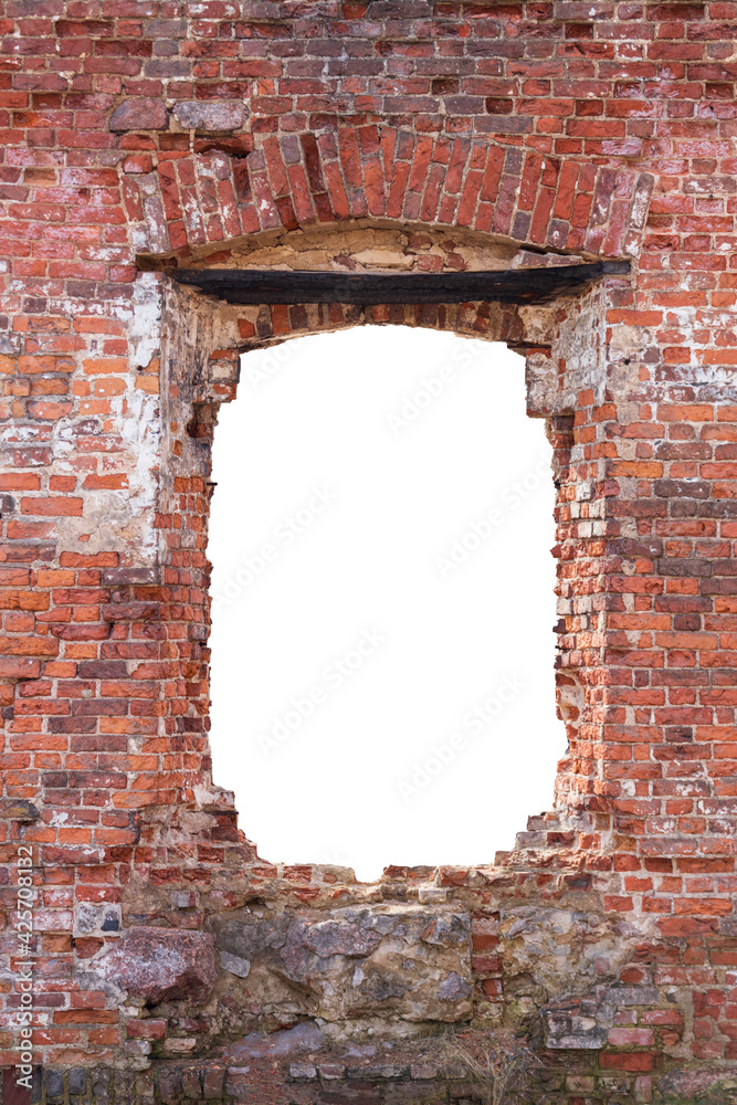 Poster old wall made of old bricks with a hole in the middle. isolated on white background. grunge frame. v