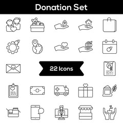 Black Line Art Set of Donation Icon In Flat Style.