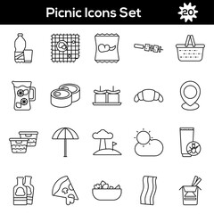 Black Line Art Set of Picnic Icon In Flat Style.