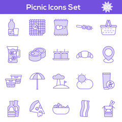 Purple And White Color Set of Picnic Icon In Flat Style.