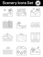 Black Line Art Set of Scenery Icon In Flat Style.