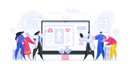 Flat design of vector image with professional doctors and nurses supporting elderly people and offering contemporary medical treatment on white background