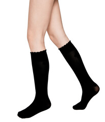 cute legs of a girl in black socks on a white background