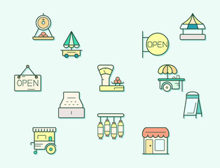 vendor and store element Vector illustration. shop, sign board, shopping, street food, vendor booth, food cart, market and more. Flat illustration.