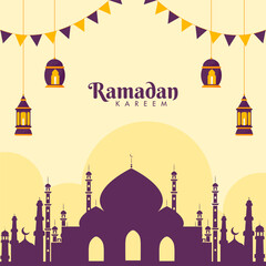 Purple Silhouette Mosque With Hanging Lit Lanterns And Bunting Flags On Yellow Background For Ramadan Kareem Concept.