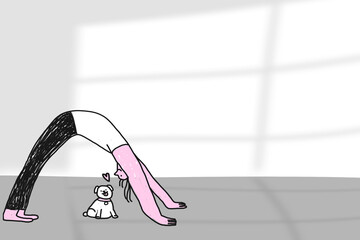 Yoga woman cartoon on window shadowed white background healthy lifestyle campaign remixed media