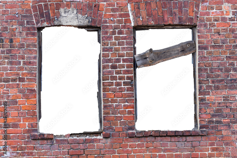 Poster destroyed wall of old bricks with a hole in the middle. isolated on white background. grunge frame. 