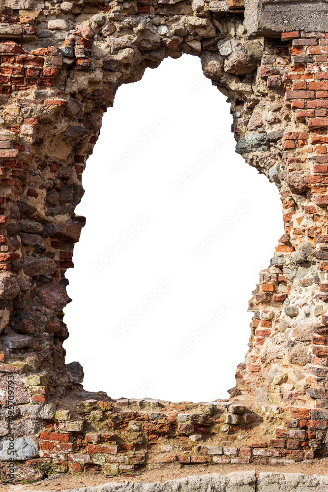 Poster old wall made of old bricks with a hole in the middle. isolated on white background. grunge frame. v