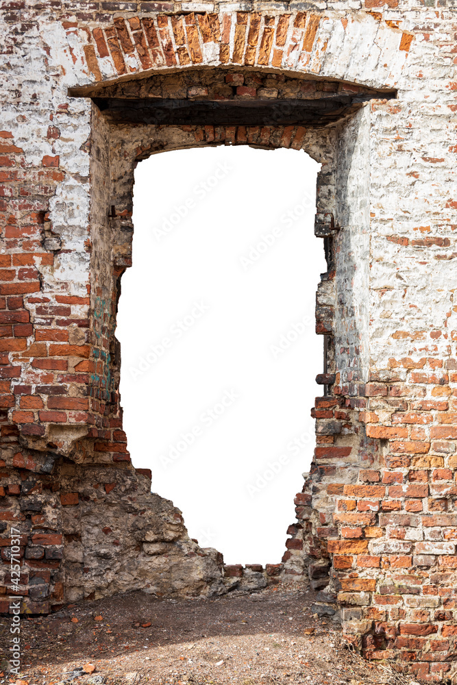 Poster red brick wall with a hole in the middle. isolated on white background. grunge frame. vertical frame