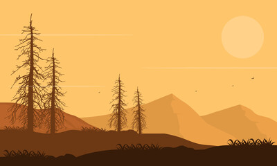 The clear afternoon sky with views of the mountains and silhouettes of dry trees around it. Vector illustration