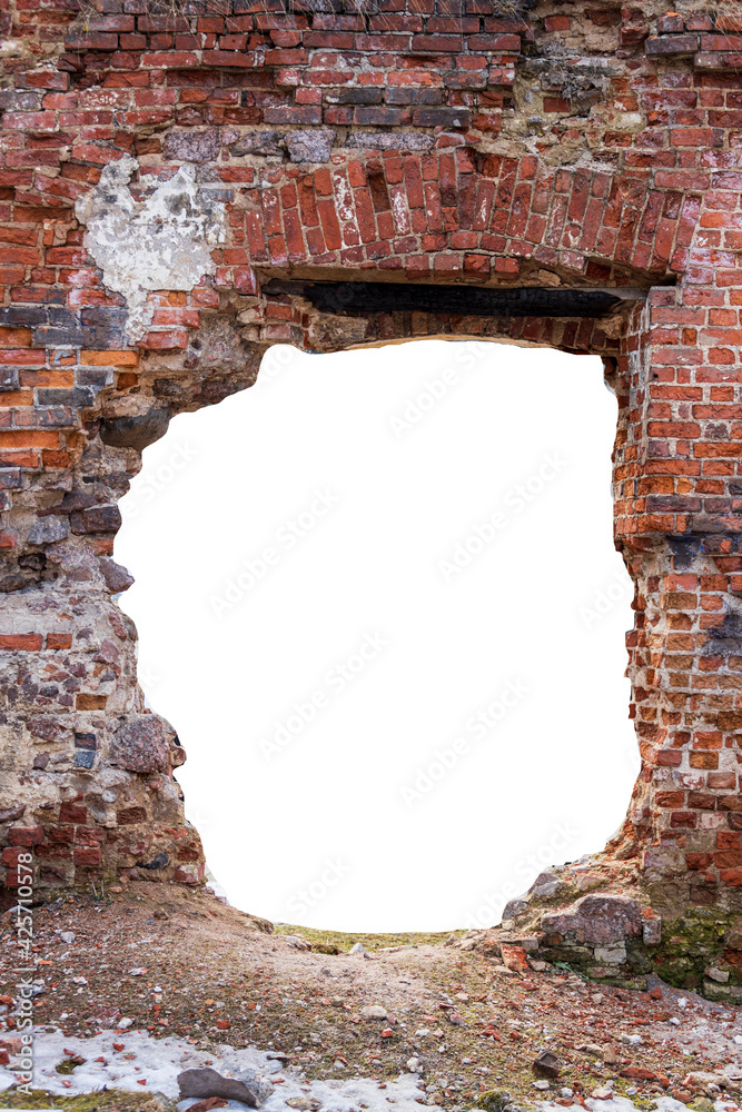 Poster wall with a round hole in the middle made of old brick. isolated on white background. vertical frame