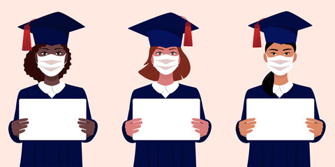 Three young females in masks. Students in uniform and hats with posters, sheets in their hands. The concept of celebrating the graduation ceremony in the pandemic. Vector graphics.