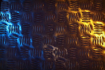Obraz premium The texture of corrugated metal illuminated by blue and yellow spotlights