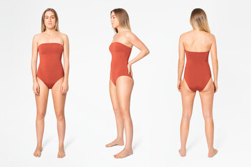 Strapless orange swimsuit women’s summer apparel with design space full body set