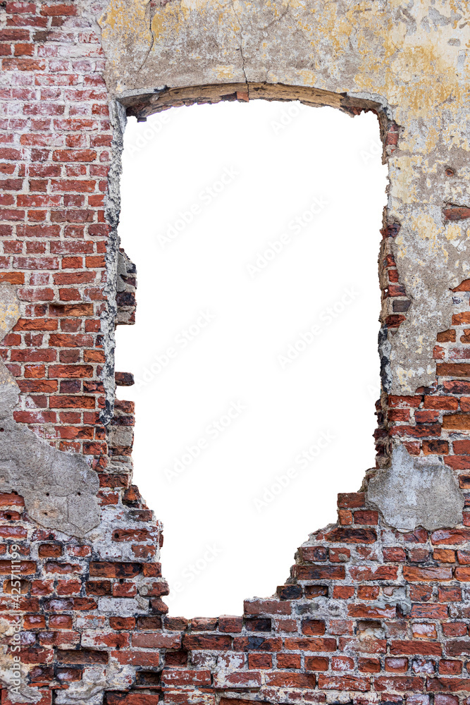 Poster destroyed wall with a red brick hole in the middle. isolated on white background. vertical frame. gr