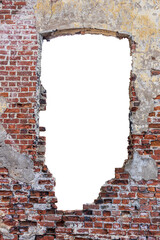destroyed wall with a red brick hole in the middle. isolated on white background. vertical frame....