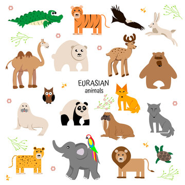 Set of cute cartoon animals eurasia isolated. camel, crocodile, bear, deer, panda, elephant, parrot, lion, turtle, wolf, fox, tiger, owl, jaguar, hare
