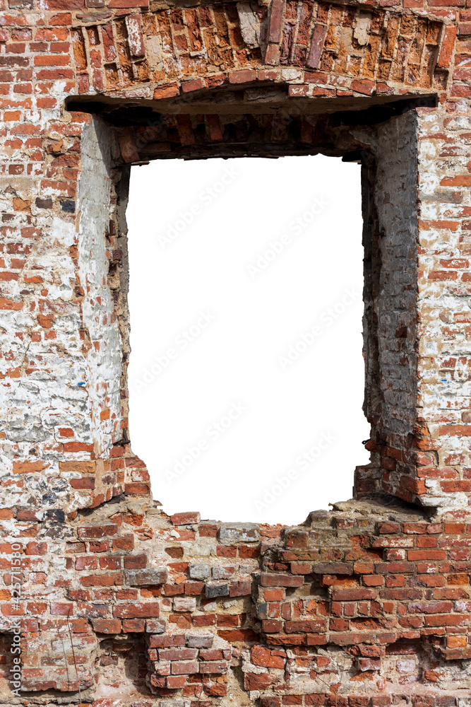Poster old wall made of old bricks with a hole in the middle. isolated on white background. grunge frame. v