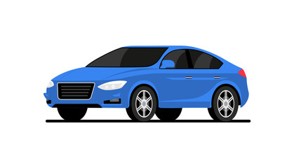 Car side vector flat icon. Car profile side view cartoon icon design isolated blue vehicle