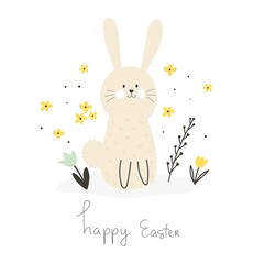 happy easter. cartoon bunny, flowers, hand drawing lettering. festive colorful vector illustration. Design for greeting cards, decoration posters, covers.