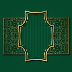 Golden curved frame on patterned rectangle for vintage packaging or label design.