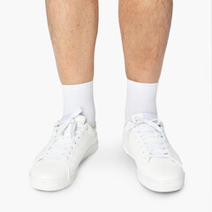 White sneakers and high socks for street fashion shoot with design space