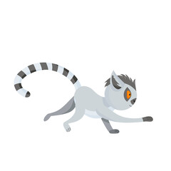 Obraz premium Funny gray lemur runs fast and stretches forward. The fluffy striped tail curves. Cute baby animal in cartoon style. Vector illustration, isolated color elements on a white background