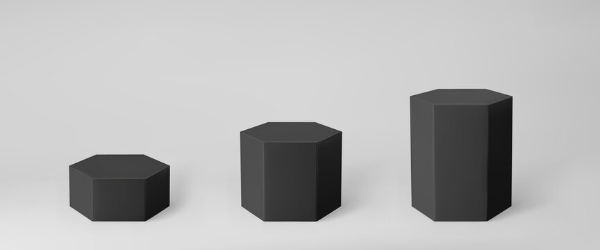Black 3d hexagon podium set with perspective isolated on grey background. Product podium mockup in hexagon shape, pillar, empty museum stages or pedestal. 3d basic geometric shape vector illustration