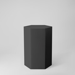 Black 3d hexagon podium with perspective isolated on grey background. Product podium mockup in hexagon shape, pillar, empty museum stage or pedestal. 3d basic geometric shape vector illustration