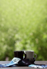 a blue scarf is tied around a black and white mug on a table overlooking a green park. drink warming coffee together