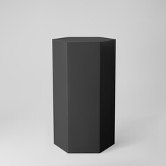 Black 3d hexagon podium with perspective isolated on grey background. Product podium mockup in hexagon shape, pillar, empty museum stage or pedestal. 3d basic geometric shape vector illustration
