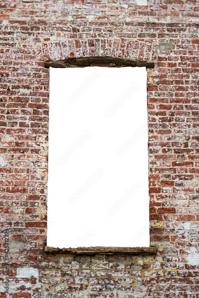 Poster red brick wall with a hole in the middle. isolated on white background. grunge frame. vertical frame