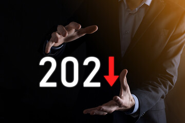 Plan business negative growth in year 2021 concept. Businessman plan and increase of negative indicators in his business, decline down business concepts.