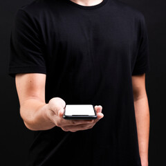 Businessman holding blank screen smartphone innovative future technology