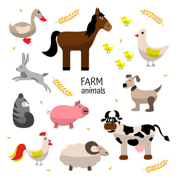 Farm animals set. horse, pig, chicken, rooster, hare, cow, sheep, cat, goose, dog.