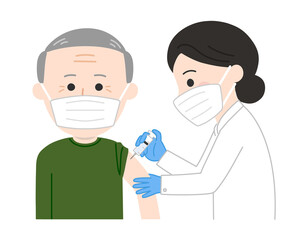 An elderly man with a medical face mask receiving a vaccination. Vector illustration isolated on white background.