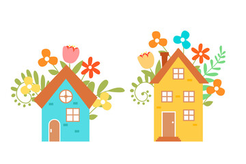 Set of cute vector houses isolated on white background.  Hand-drawn houses surrounded by flowers. 