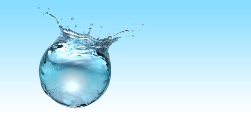 Water sphere with droplets and splash on blue gradient background