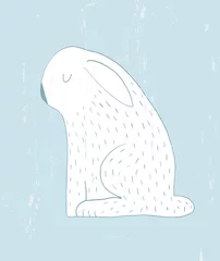 Foto op Plexiglas Illustraties Eenvoudige abstracte grunge print met grappig konijntje. Leuke kinderkamer vectorkunst ideaal voor kaart, kunst aan de muur, babymeisje kamerdecoratie. Witte hand getekende konijn geïsoleerd op een lichtblauwe achtergrond.