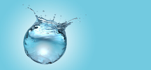Fototapeta na wymiar Water sphere with droplets and splash on blue background