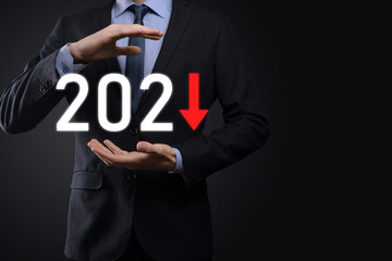Plan business negative growth in year 2021 concept. Businessman plan and increase of negative indicators in his business, decline down business concepts.