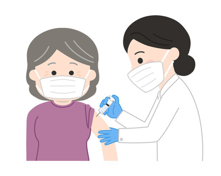 Senior woman with a medical face mask receiving a vaccination. Vector illustration isolated on white background.